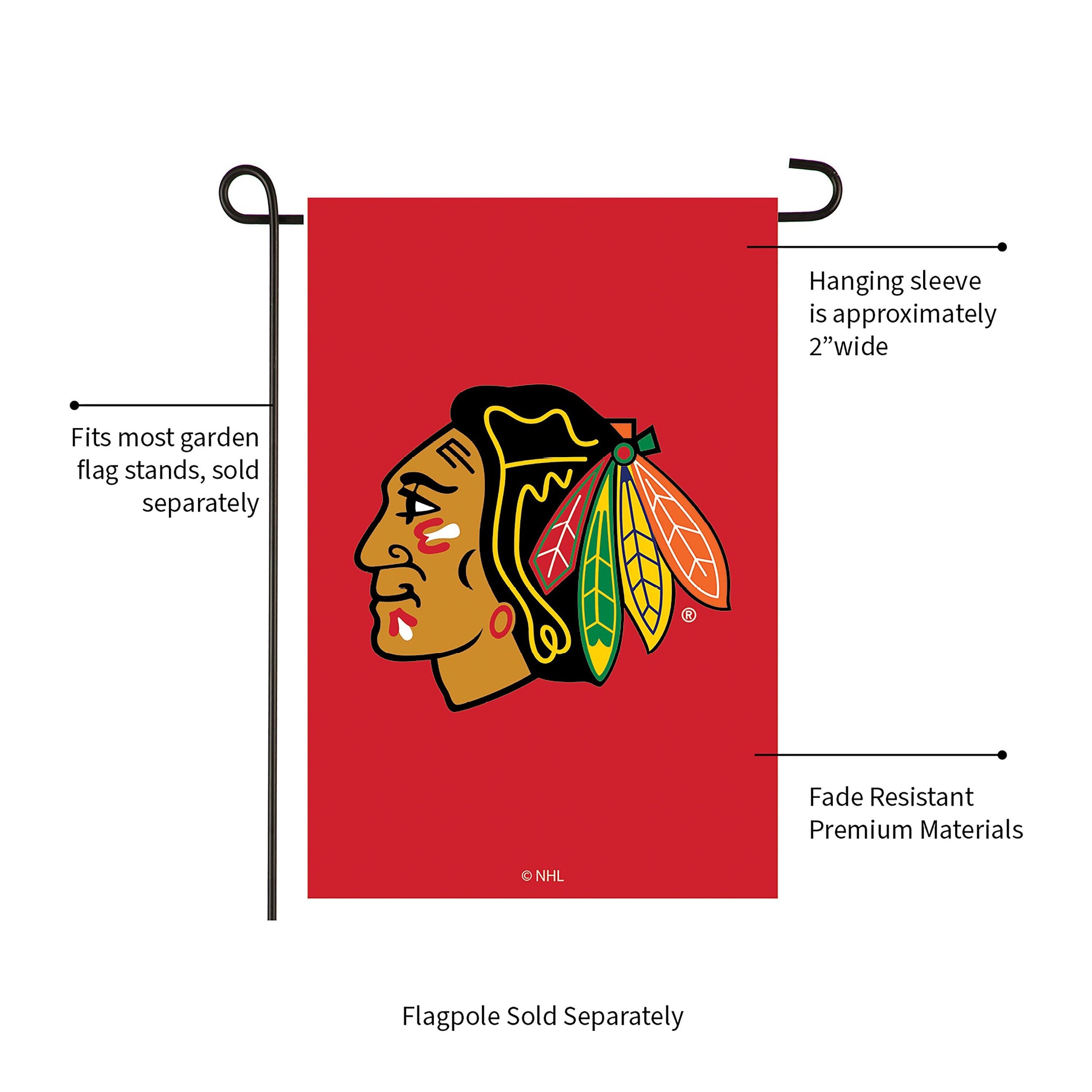Applique garden flag Chicago Blackhawks by Evergreen Enterprises red background headdress on Tampa Home & Garden Store