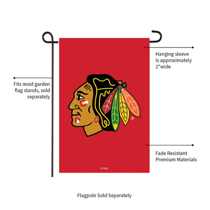 Applique garden flag Chicago Blackhawks by Evergreen Enterprises red background headdress on Tampa Home & Garden Store