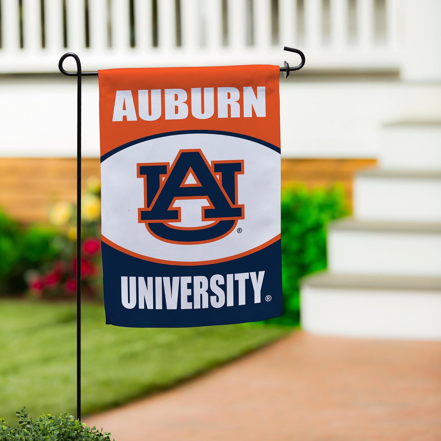 Auburn University suede flag banner with orange top and AU logo on Tampa Home & Garden Store