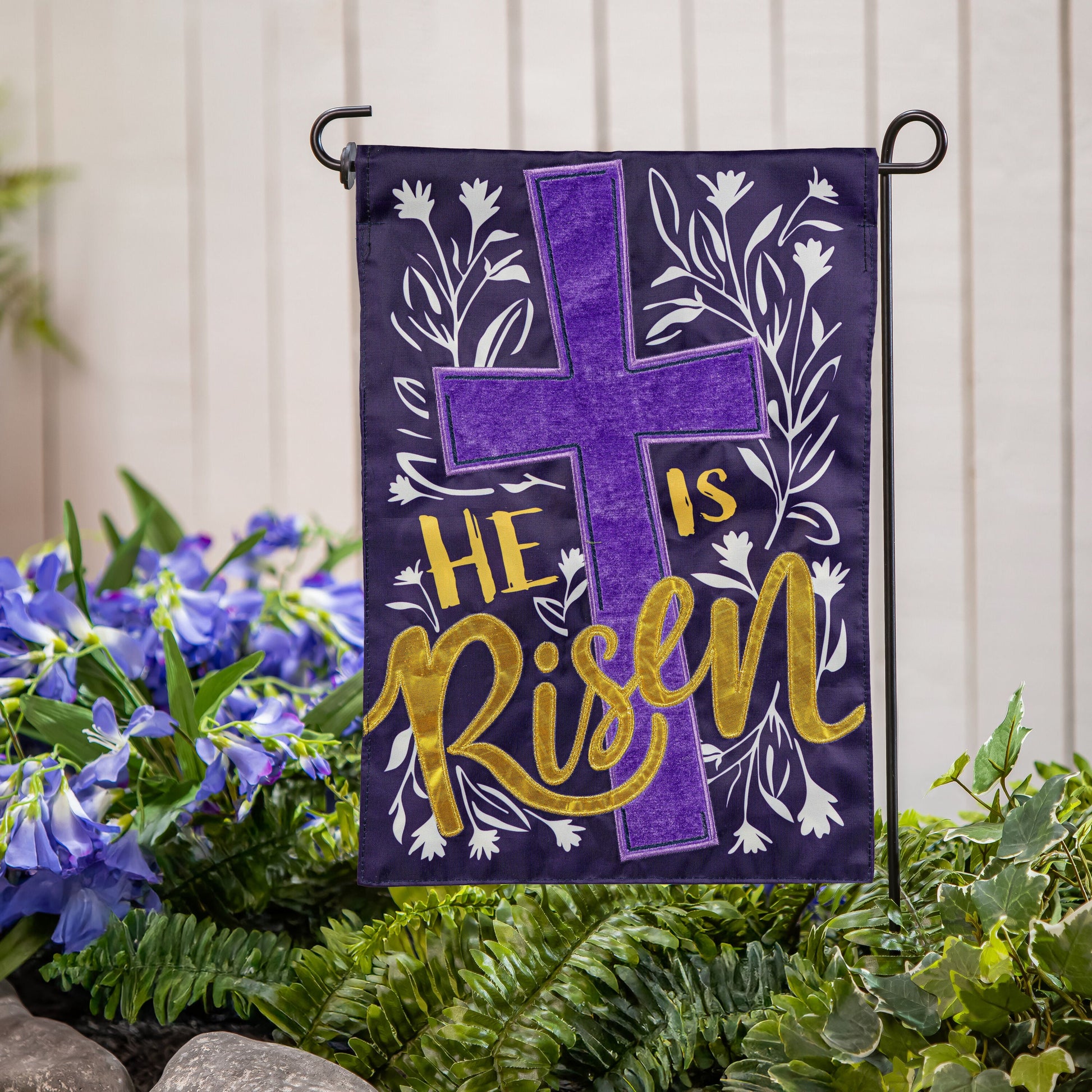 He Is Risen Applique Garden Flag purple gold lettering Evergreen Enterprises on Tampa Home & Garden Store