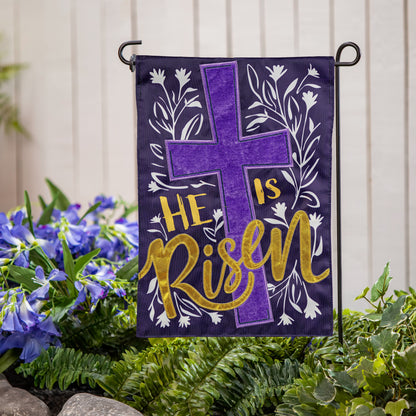 He Is Risen Applique Garden Flag purple gold lettering Evergreen Enterprises on Tampa Home & Garden Store
