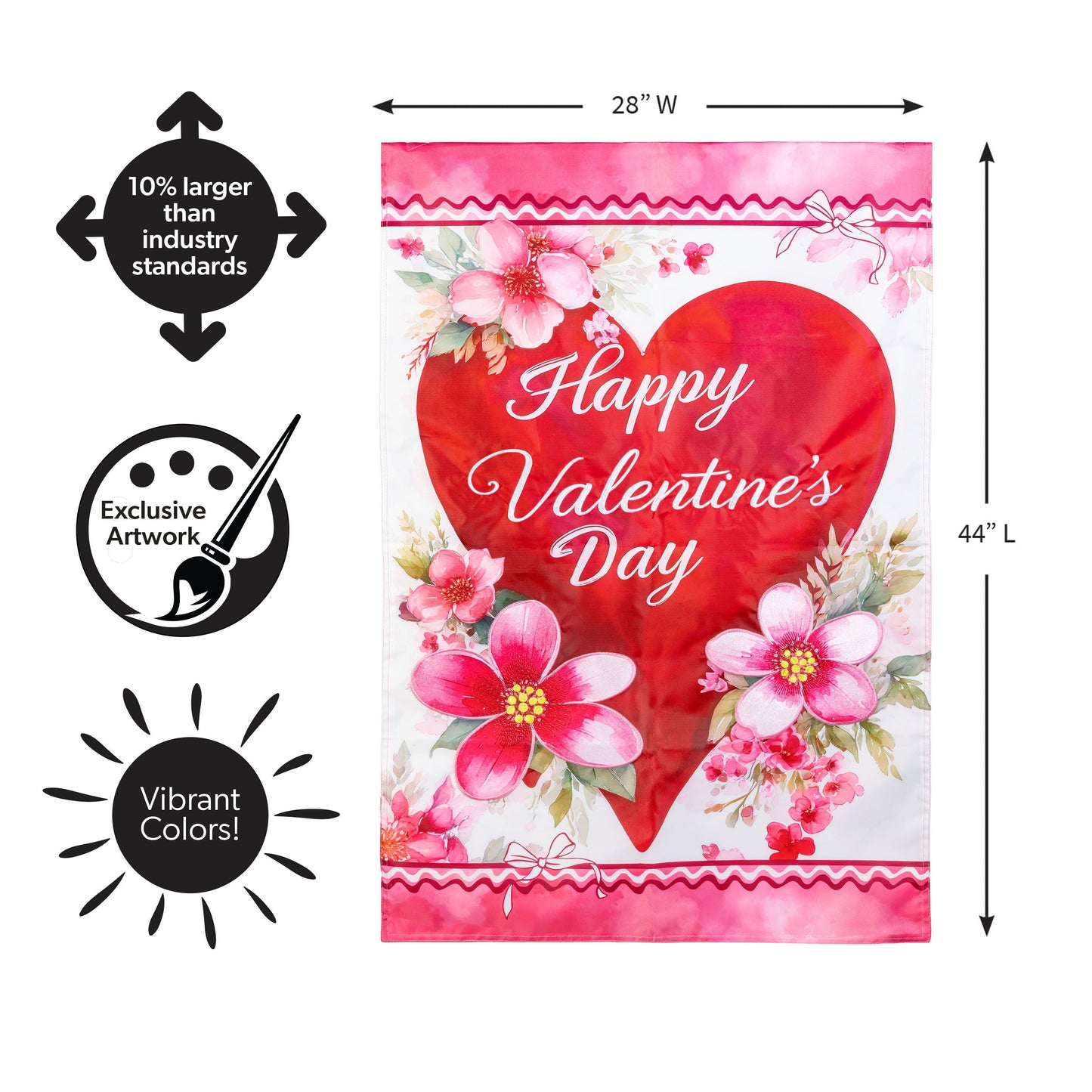Happy Valentine’s Day Heart Applique House Flag pink floral border red heart Evergreen on Tampa Home & Garden Store