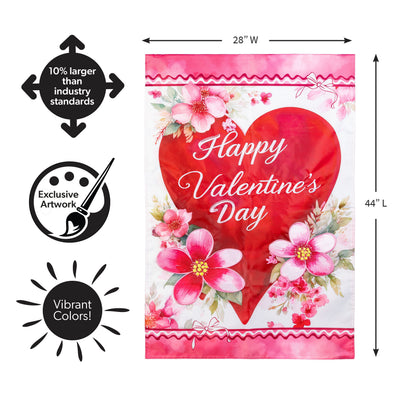 Happy Valentine’s Day Heart Applique House Flag pink floral border red heart Evergreen on Tampa Home & Garden Store