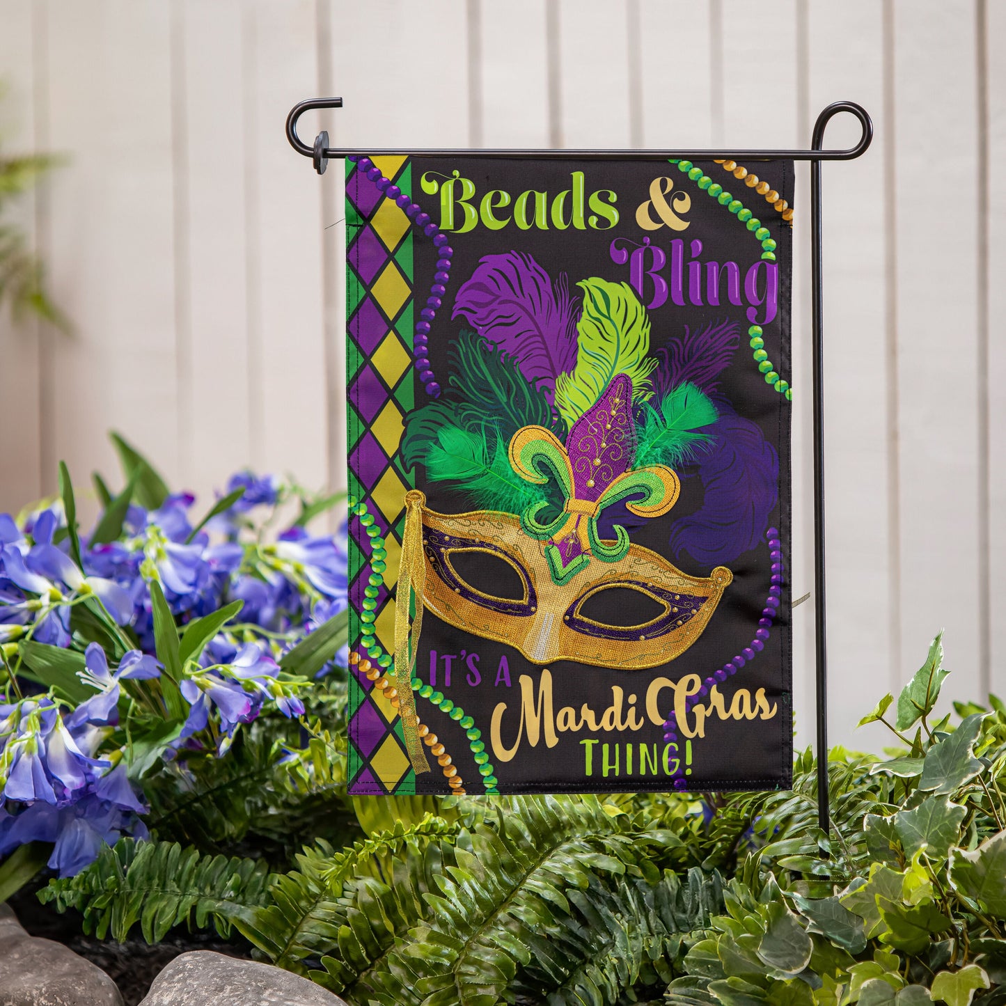 Mardi Gras Beads & Bling Applique Garden Flag with purple-green-gold beads and mask motif on Tampa Home & Garden Store