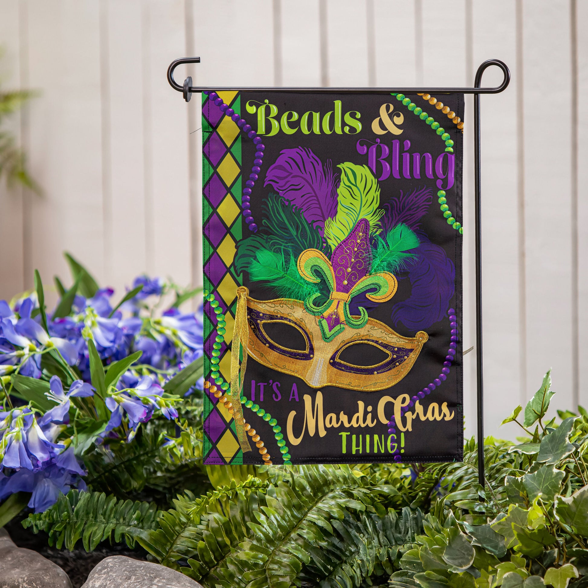 Mardi Gras Beads & Bling Applique Garden Flag with purple-green-gold beads and mask motif on Tampa Home & Garden Store