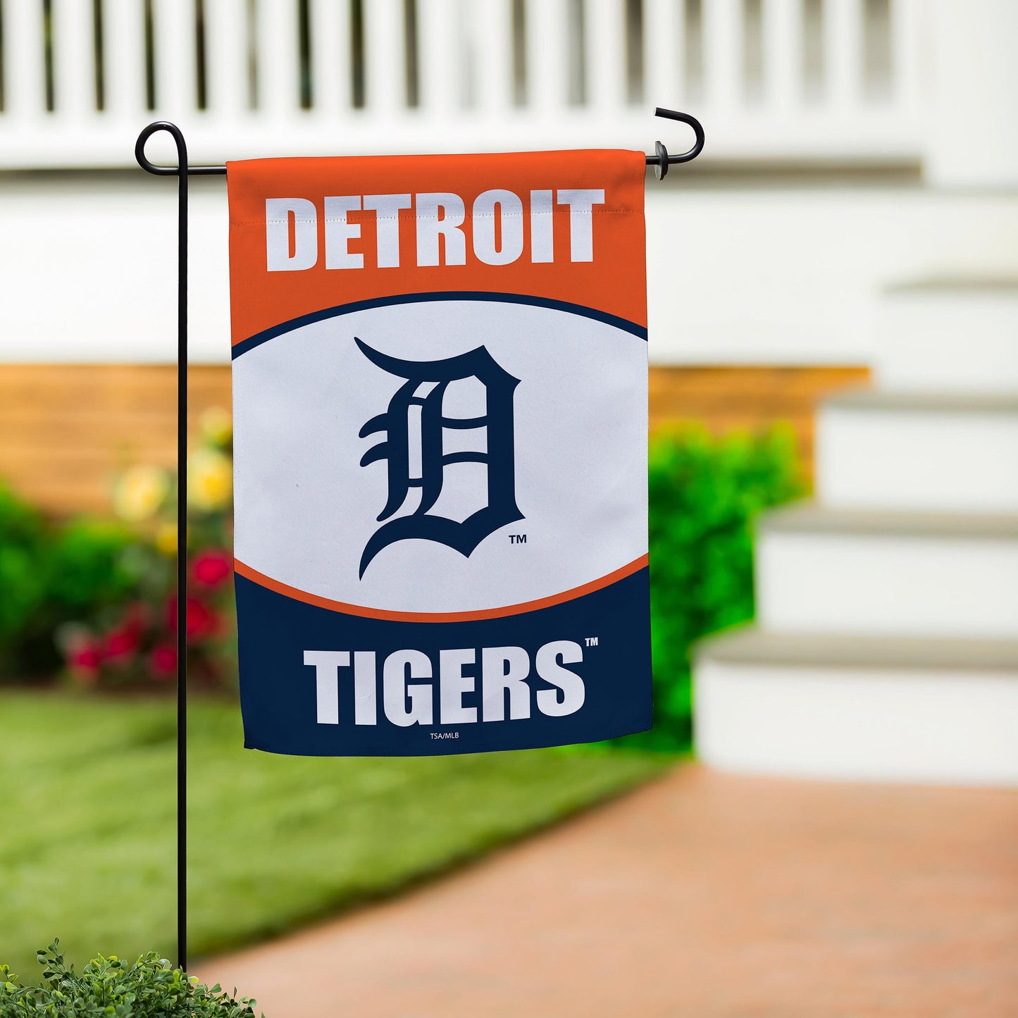 Detroit Tigers Suede Garden Flag orange top navy bottom with Tigers logo on a garden stake on Tampa Home & Garden Store