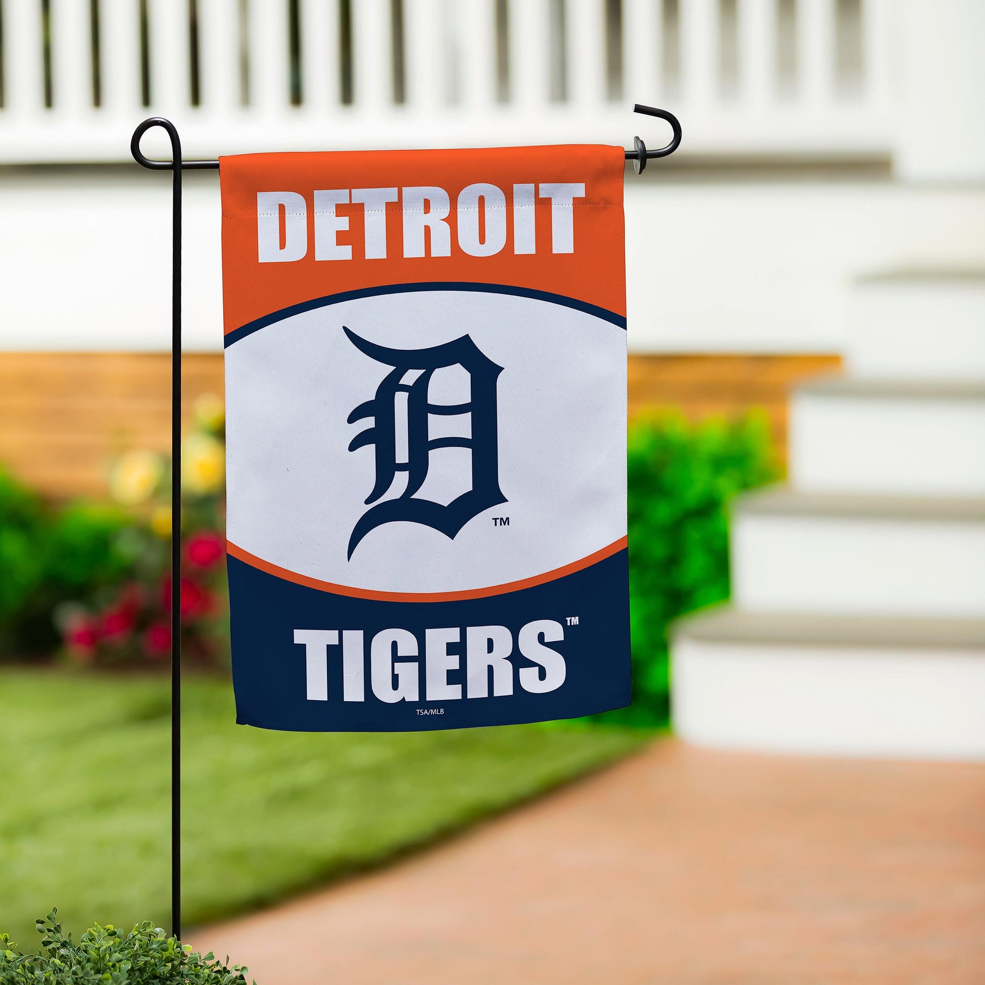 Detroit Tigers Suede Garden Flag orange top navy bottom with Tigers logo on a garden stake on Tampa Home & Garden Store
