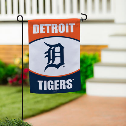 Detroit Tigers Suede Garden Flag orange top navy bottom with Tigers logo on a garden stake on Tampa Home & Garden Store