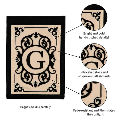 Cambridge Monogram Garden Applique Flag G beige panel with black scrollwork and bold G Evergreen on Tampa Home & Garden Store