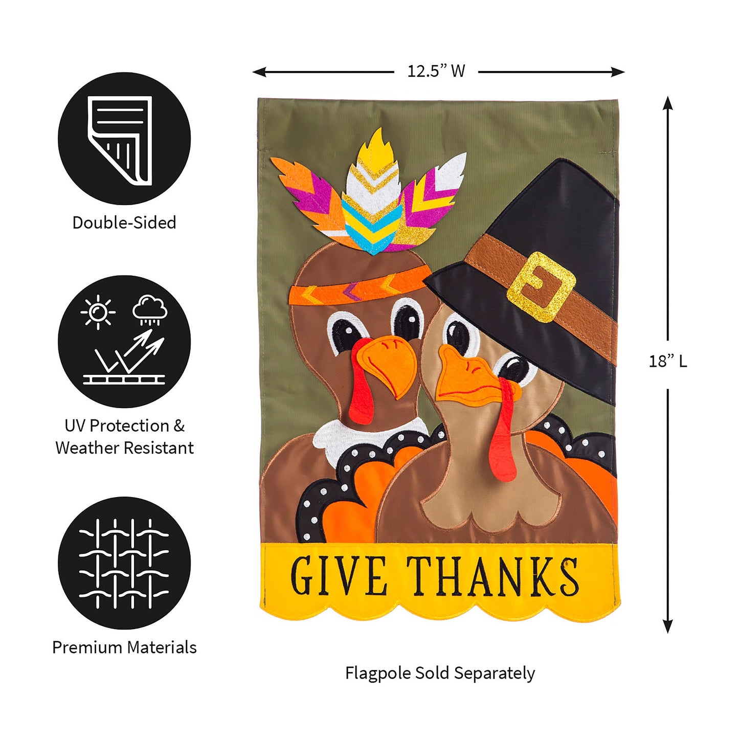 Pilgrim Couple applique garden flag 12.5W x 18L, double-sided by Evergreen Enterprises on Tampa Home & Garden Store