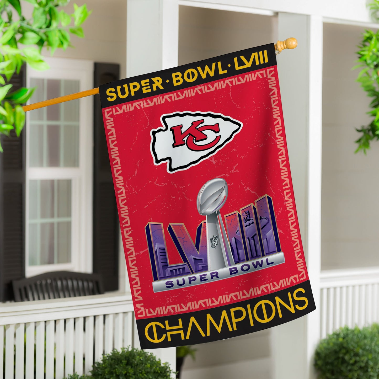 Suede flag Kansas City Chiefs SB58 Champions on wooden flagpole red embossed banner with KC on Tampa Home & Garden Store