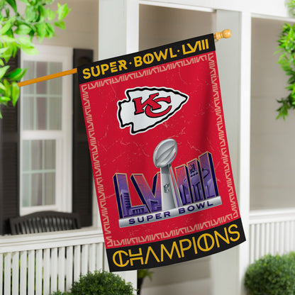 Suede flag Kansas City Chiefs SB58 Champions on wooden flagpole red embossed banner with KC on Tampa Home & Garden Store