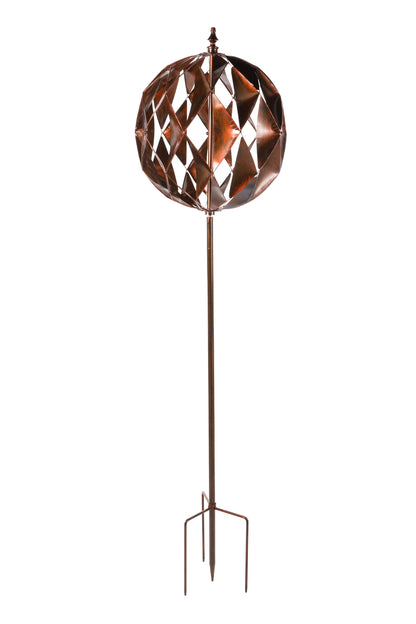 Harlequin Ball Wind Spinner copper-toned metal sphere on a stake Evergreen Enterprises Wholesale Collective on Tampa Home & Garden Store