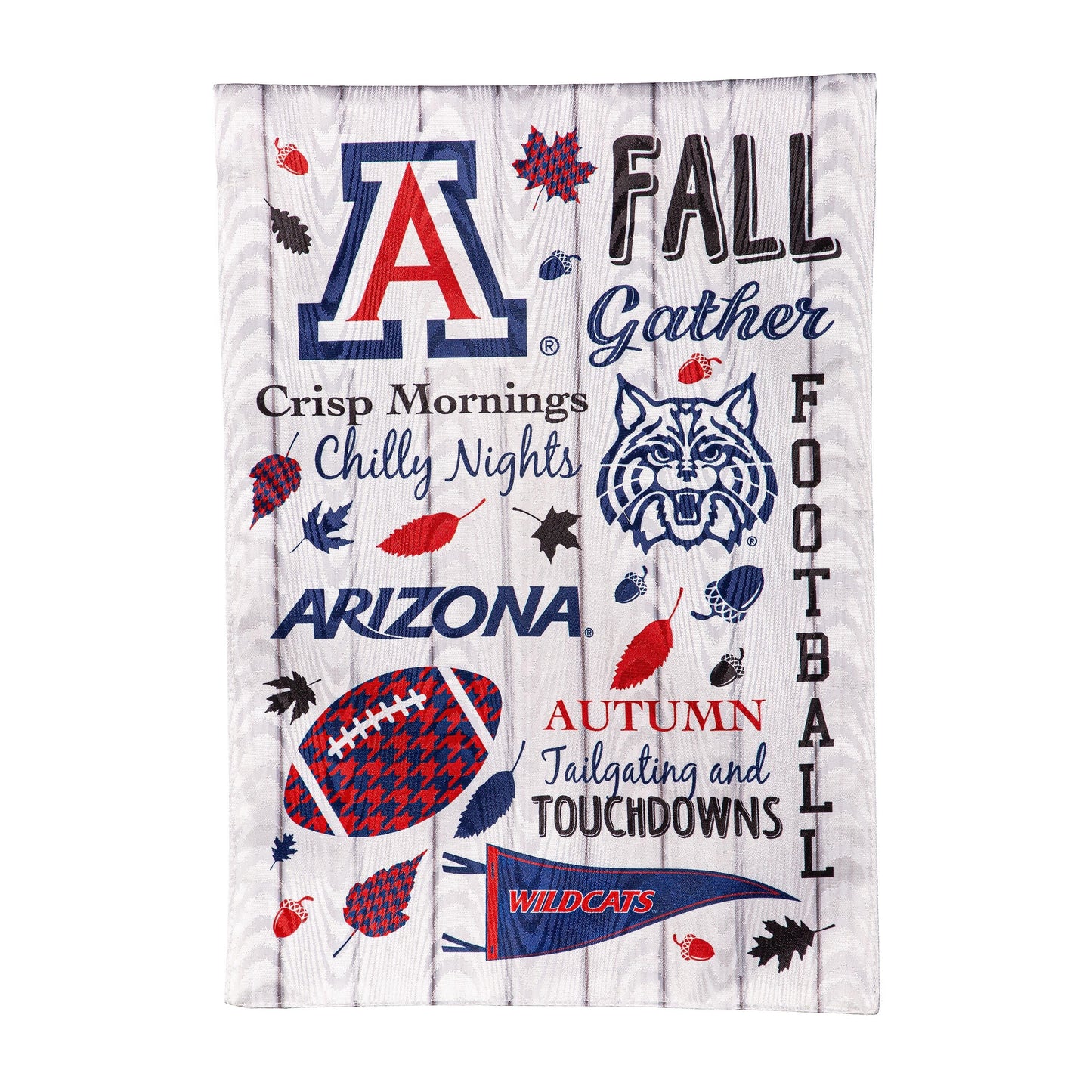 Moire Flag University of Arizona with large A logo, autumn leaves, woodgrain backdrop on Tampa Home & Garden Store