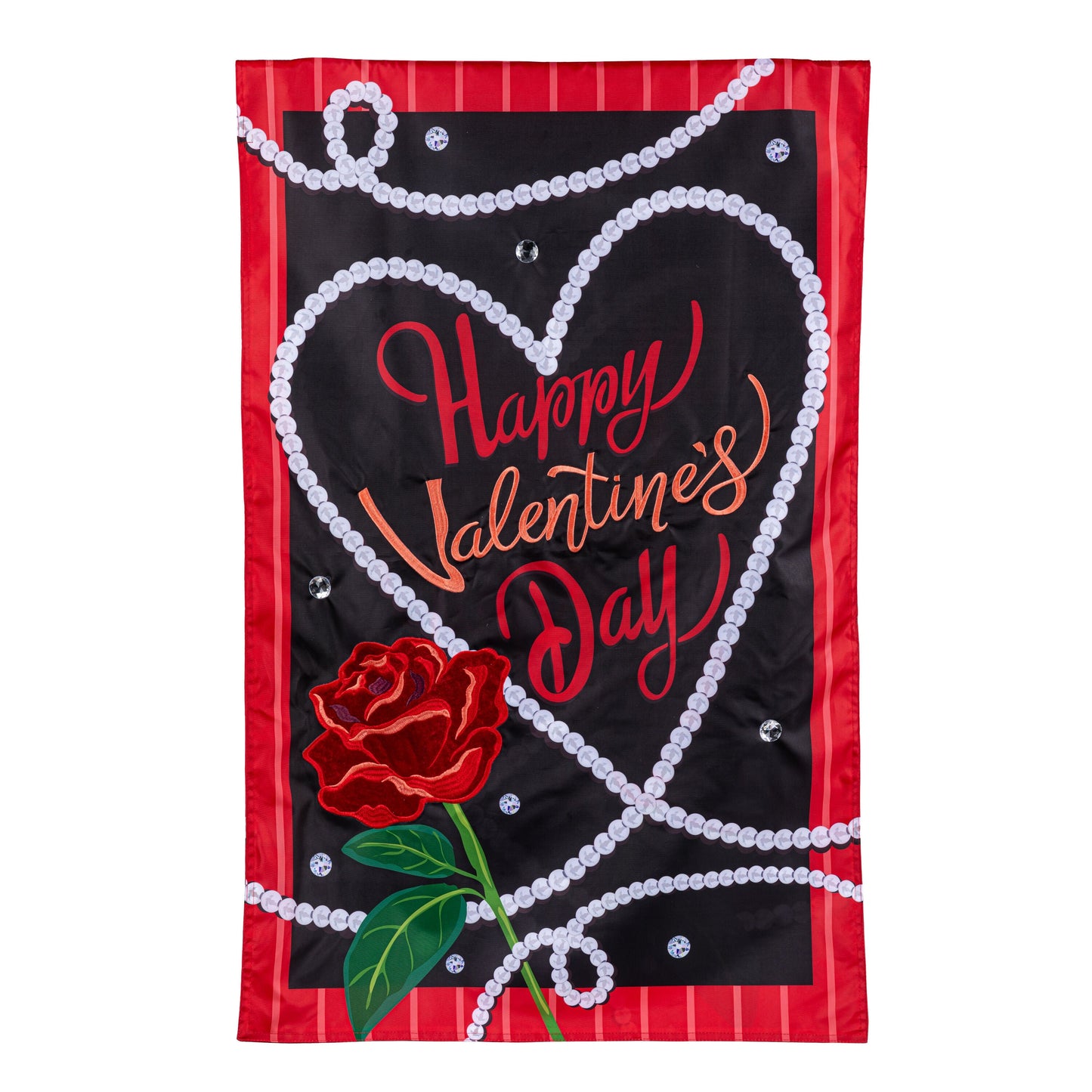 Valentine's Day Pearls Applique Flag with pearl beads and red rose on black bordered in red on Tampa Home & Garden Store