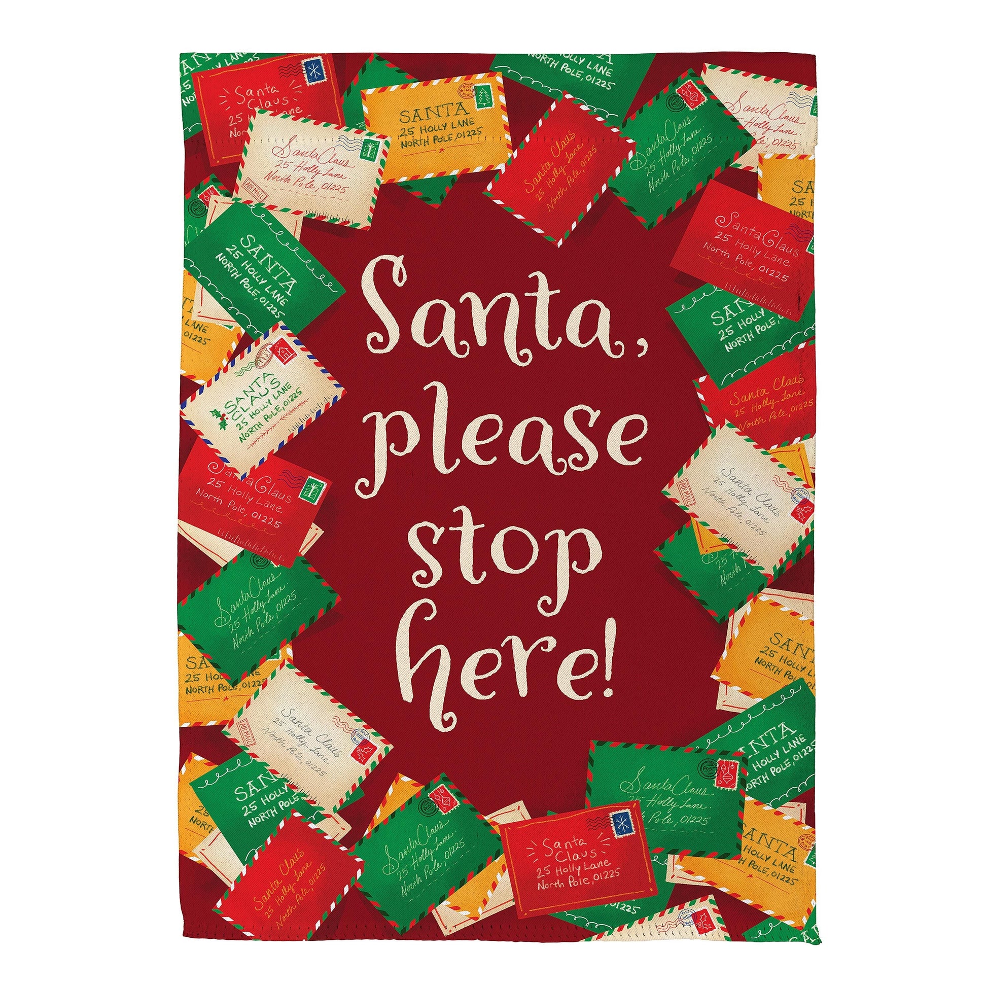 Letters To Santa suede house flag with colorful postage-stamped envelopes on red background on Tampa Home & Garden Store