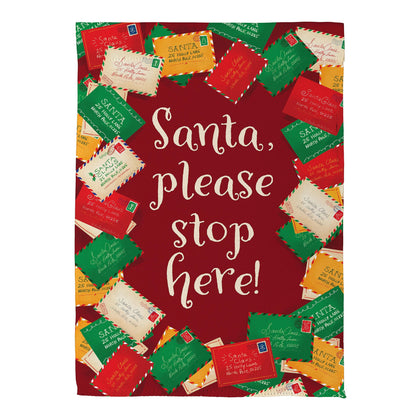 Letters To Santa suede house flag with colorful postage-stamped envelopes on red background on Tampa Home & Garden Store