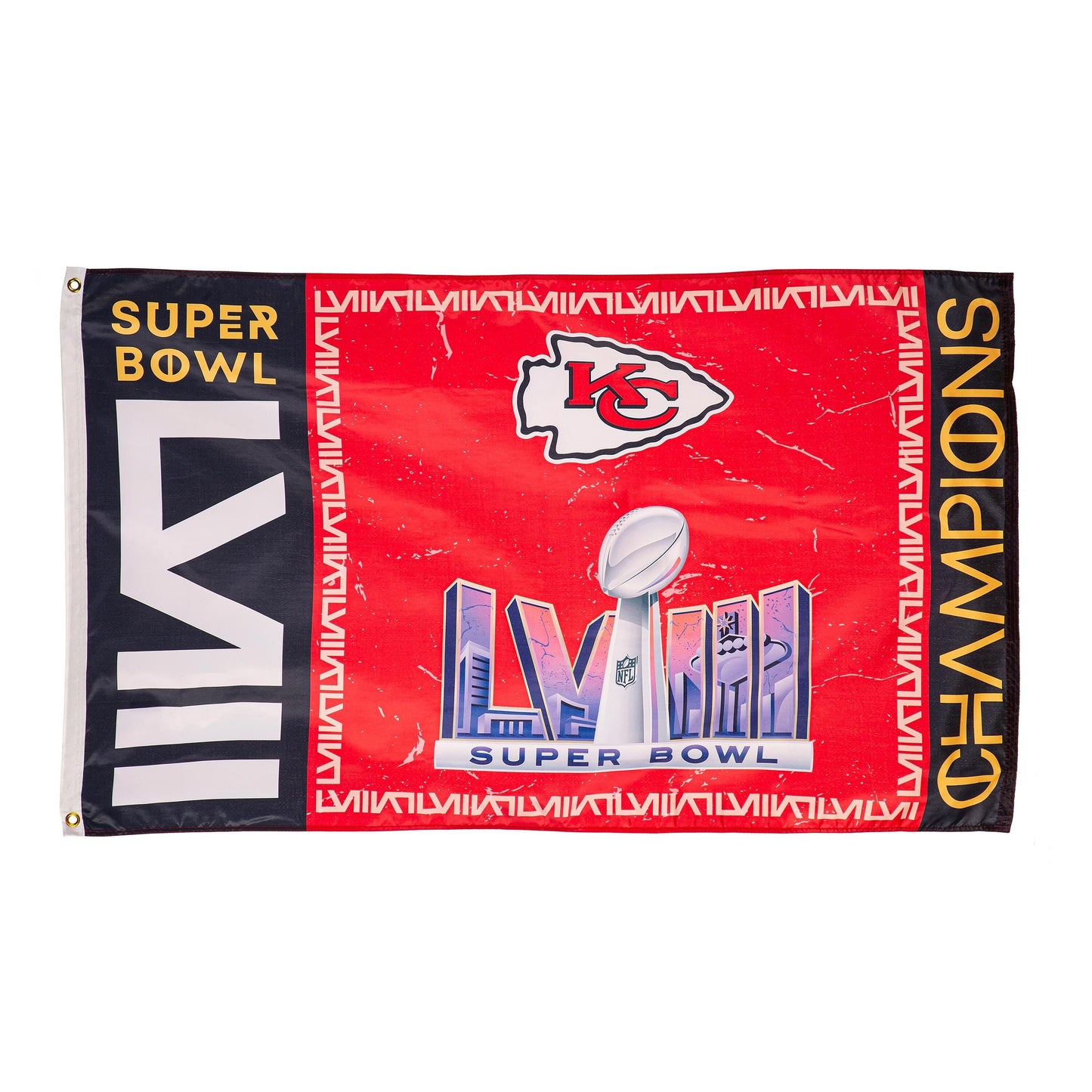 Sublimated flag Kansas City Chiefs Super Bowl design with red panel and navy border on Tampa Home & Garden Store