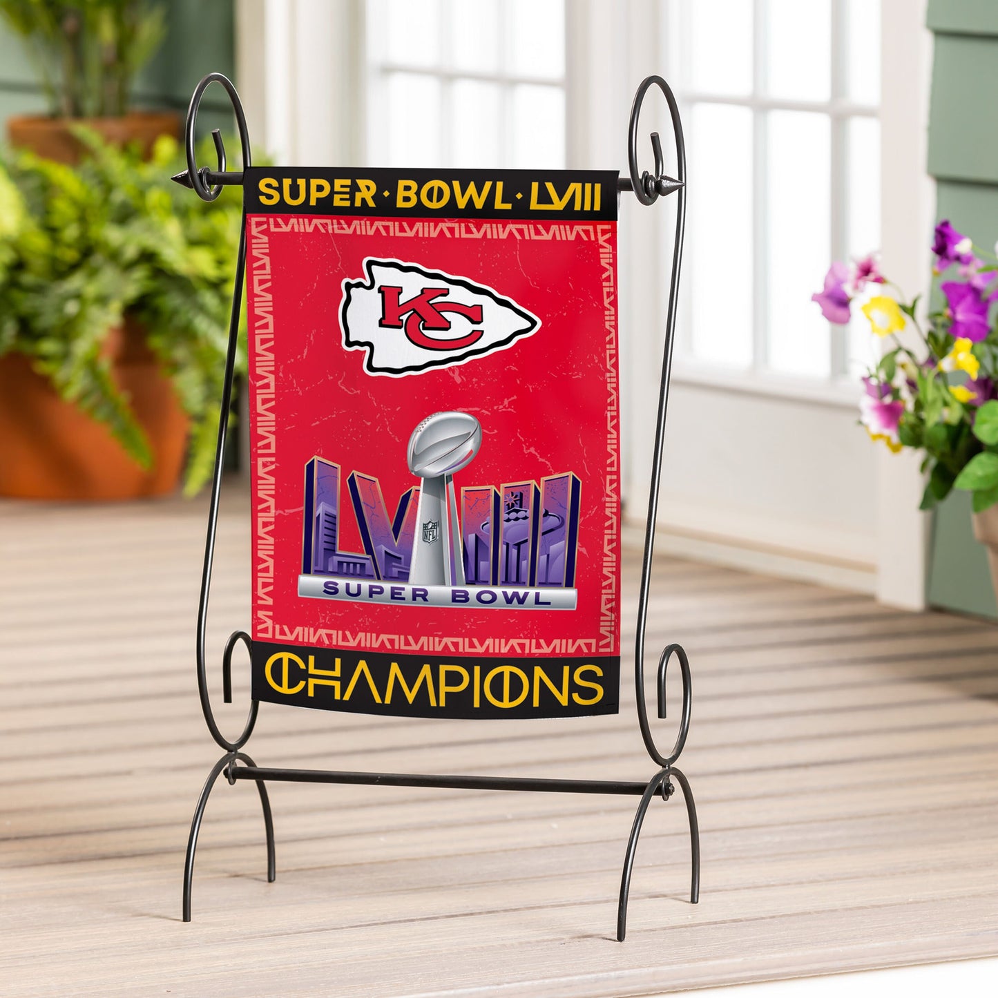Kansas City Chiefs SB58 Champions Embossed Suede Flag red suede flag on metal stand Evergreen Enterprises on Tampa Home & Garden Store