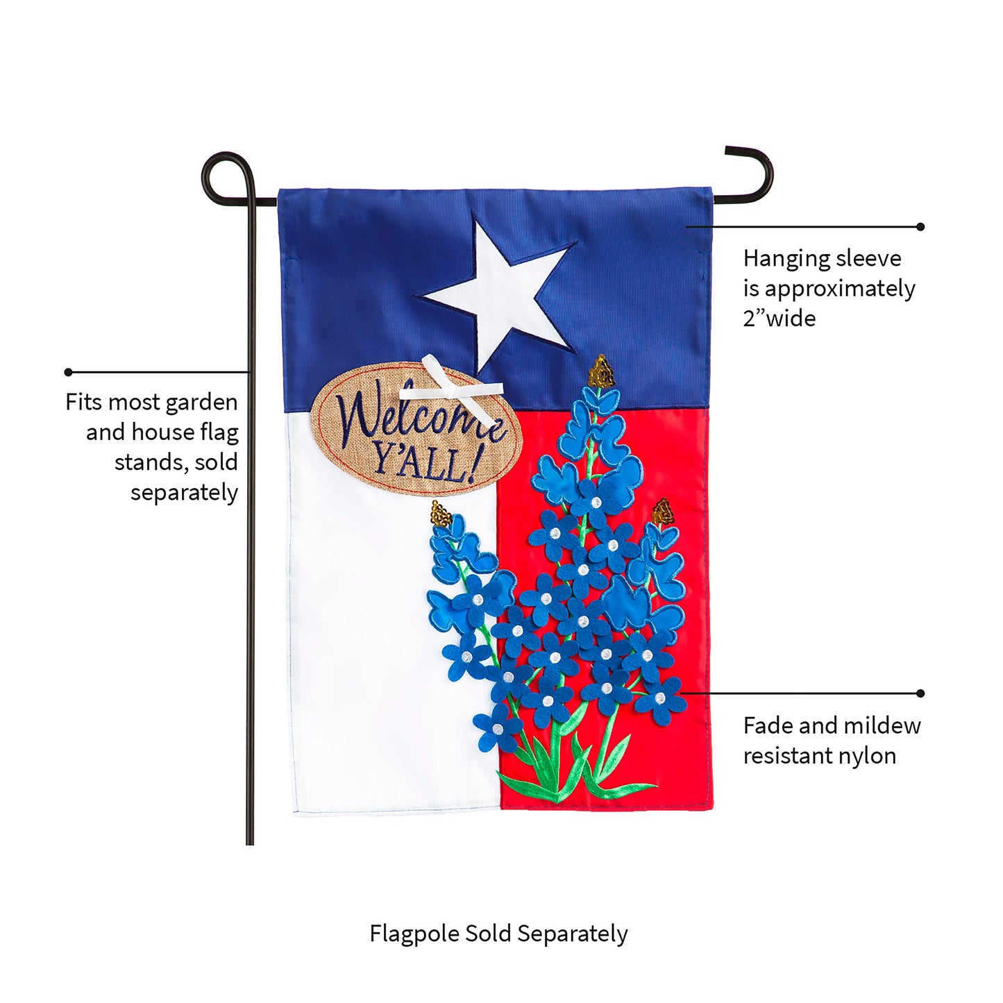 Texas Blue Bonnets Garden Flag with star and floral accents; fits garden flag stands on Tampa Home & Garden Store
