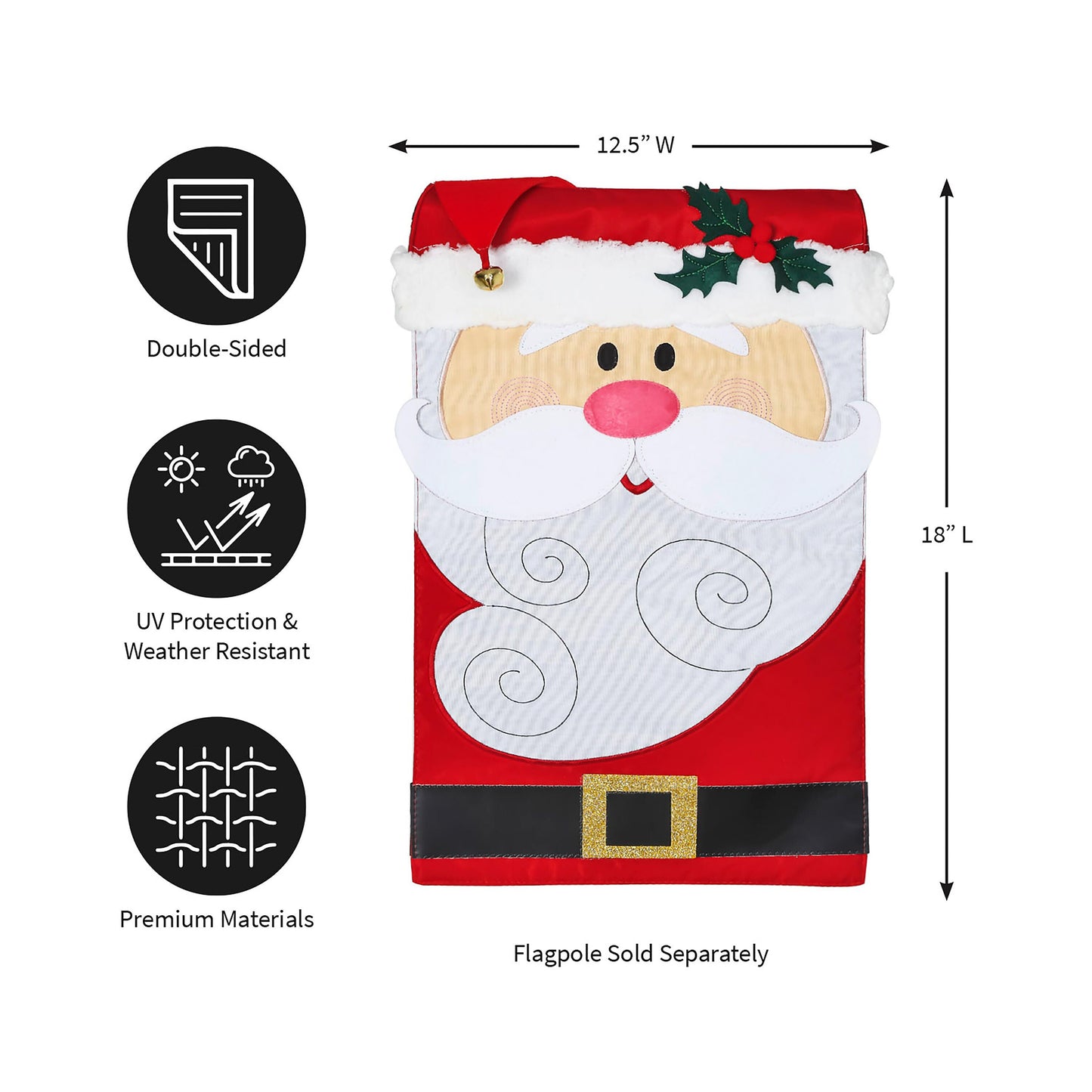 Santa Claus Garden Applique Flag by Evergreen Enterprises, red hat with white fur trim and holly on Tampa Home & Garden Store