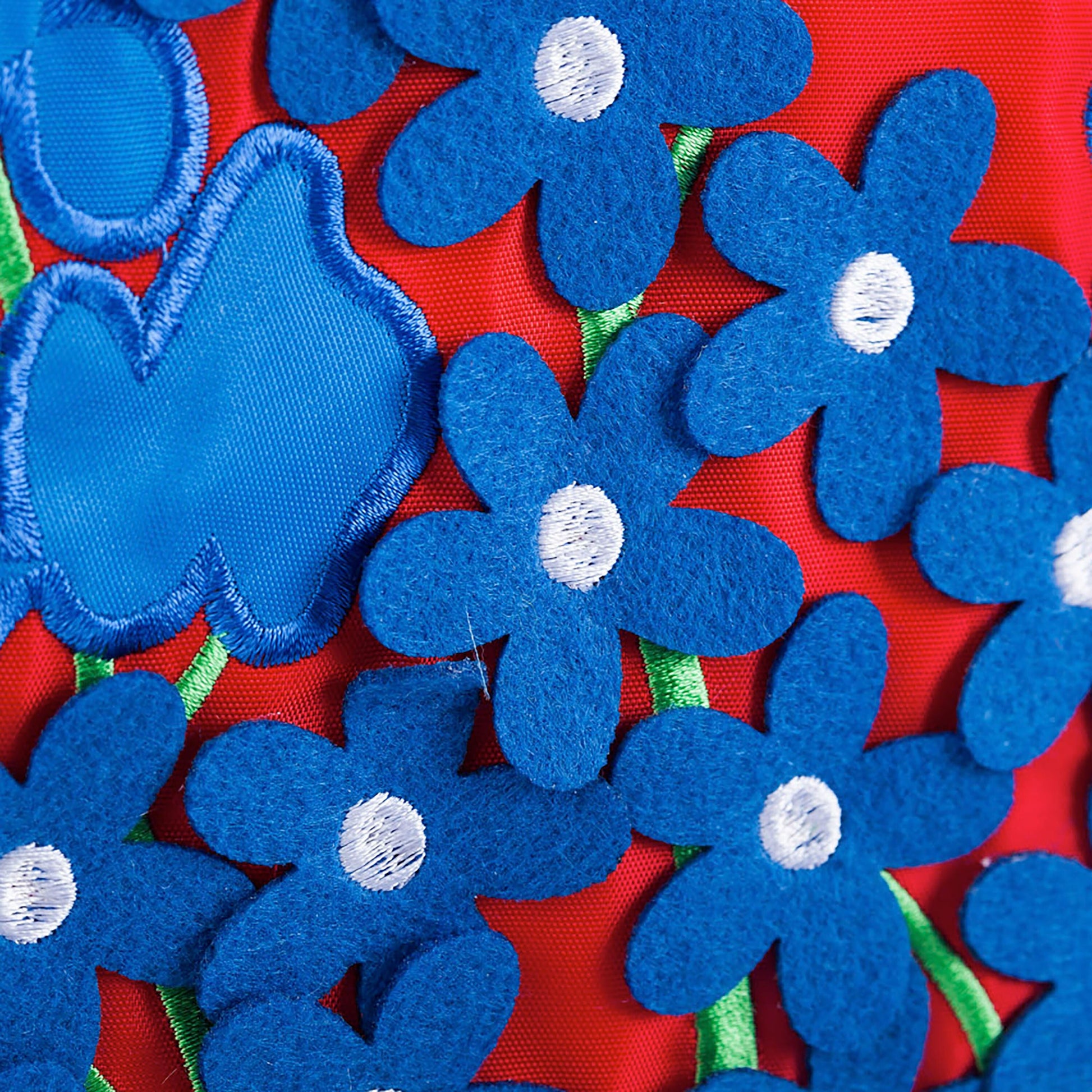 Texas Blue Bonnets Garden Applique Flag blue felt flowers on red fabric on Tampa Home & Garden Store