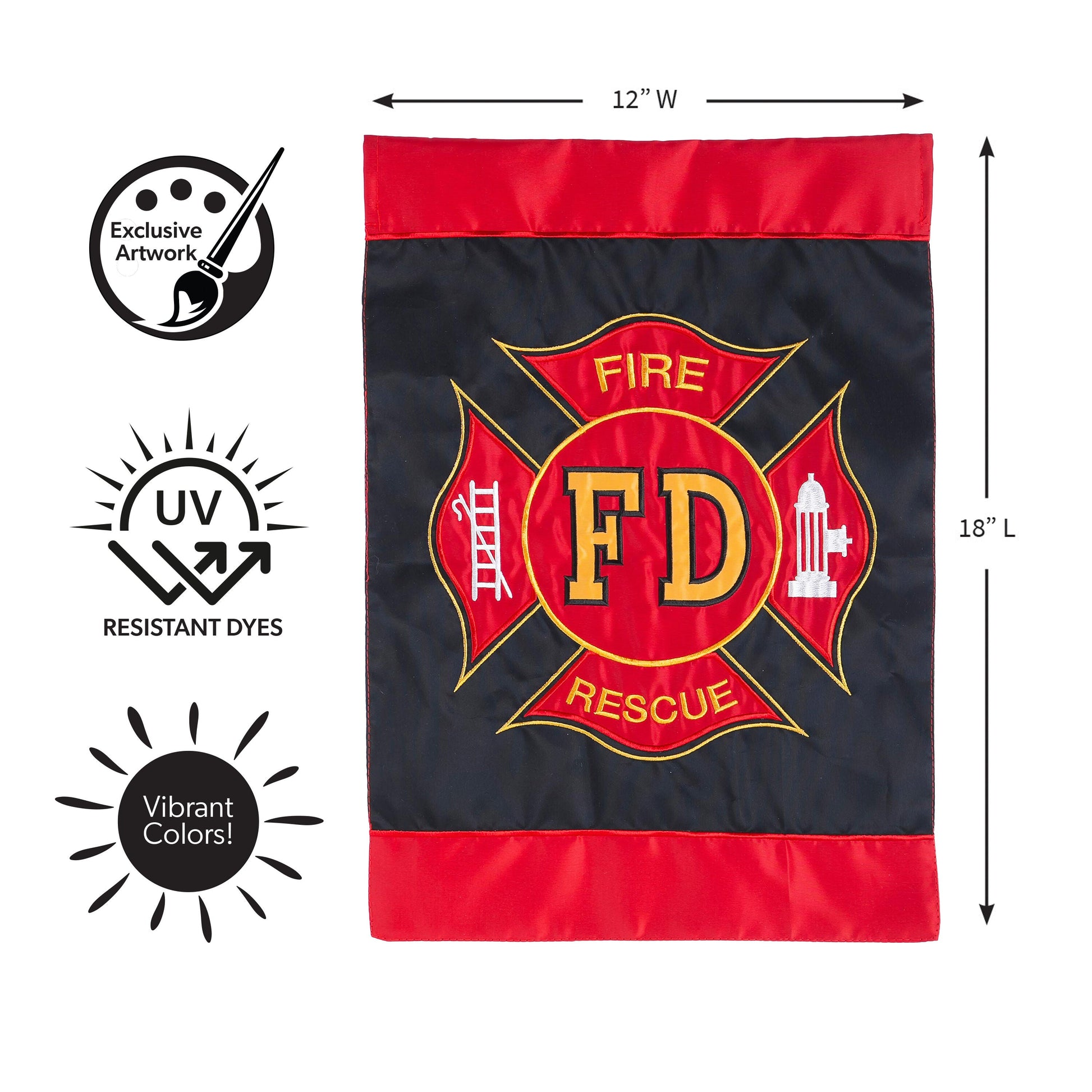 Fire Department Garden Applique Flag red and navy with embroidered fire emblem on Tampa Home & Garden Store