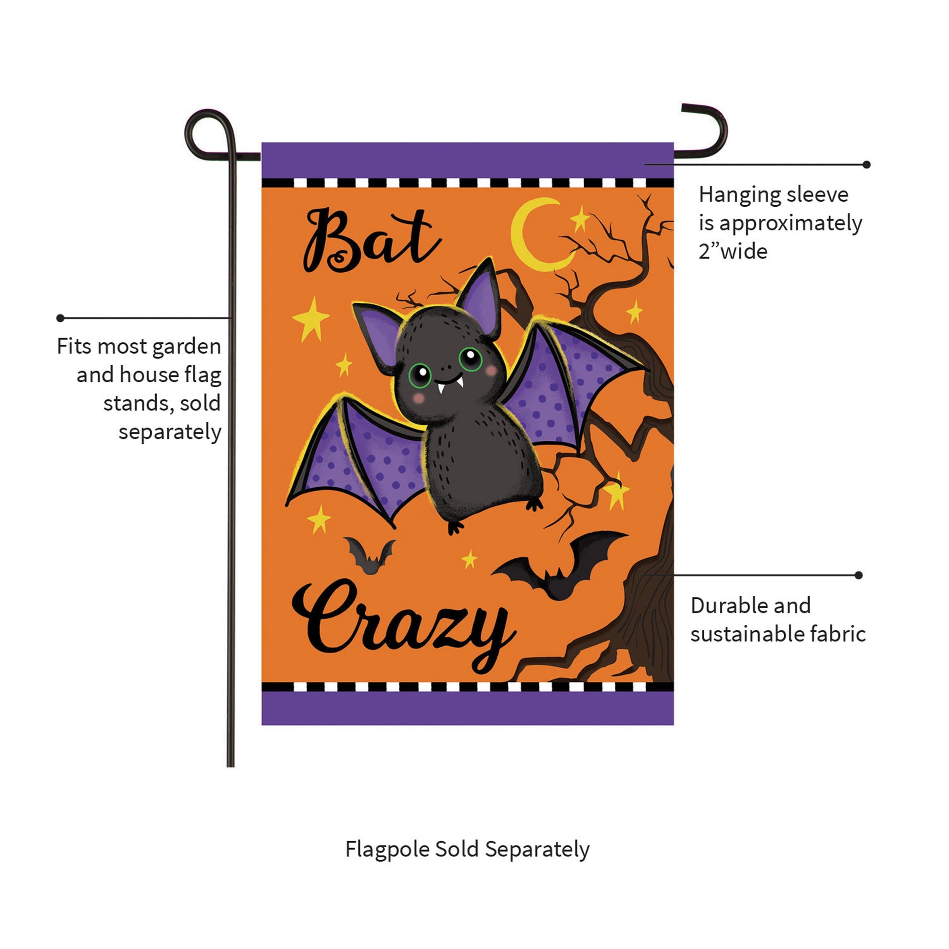 Gone Batty Applique Garden Flag orange background with purple top border and bat artwork on Tampa Home & Garden Store