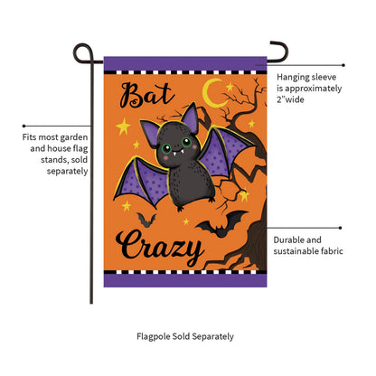 Gone Batty Applique Garden Flag orange background with purple top border and bat artwork on Tampa Home & Garden Store