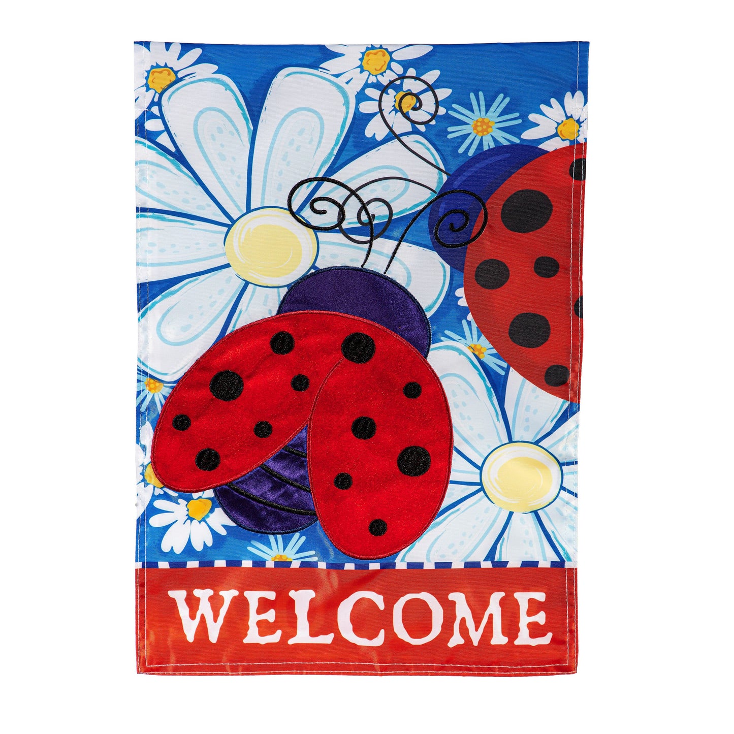 Patriotic Ladybugs Applique Garden Flag with two large red ladybugs on blue floral background on Tampa Home & Garden Store