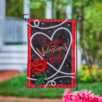 Valentine's Day Pearls Applique Garden Flag red border black panel with pearl bead frame, rose accent, and cursive Valentine text on Tampa Home & Garden Store