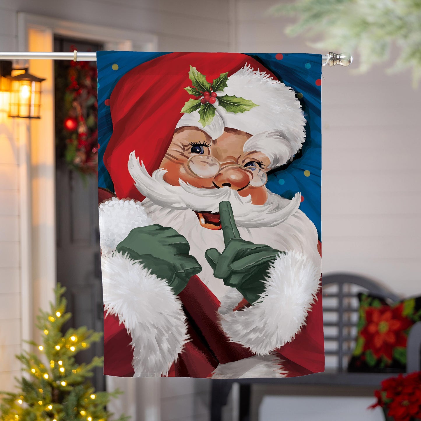 Burlap House Flag Traditional Santa Portrait red Santa with holly on blue Evergreen Enterprises on Tampa Home & Garden Store