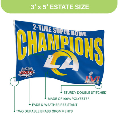 Blue LA Rams sublimated 3x5 flag celebrating 2x Super Bowl champions with bold yellow text on Tampa Home & Garden Store
