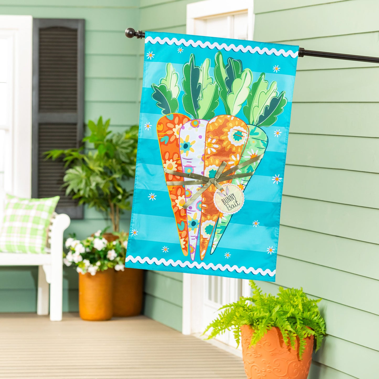 Bunny Bait Bunch Applique House Flag turquoise background with colorful carrot design on Tampa Home & Garden Store