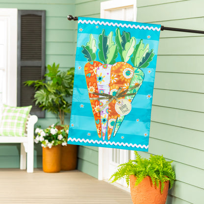 Bunny Bait Bunch Applique House Flag turquoise background with colorful carrot design on Tampa Home & Garden Store