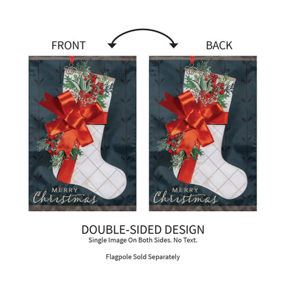 Christmas stocking applique garden flag with navy background, red bow and greenery bouquet on Tampa Home & Garden Store