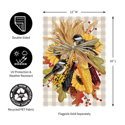 Ornamental Corn Burlap Garden Flag with bird and corn motif on checkered burlap on Tampa Home & Garden Store