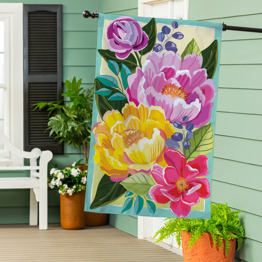 Bandera de casa de arpillera con estampado floral