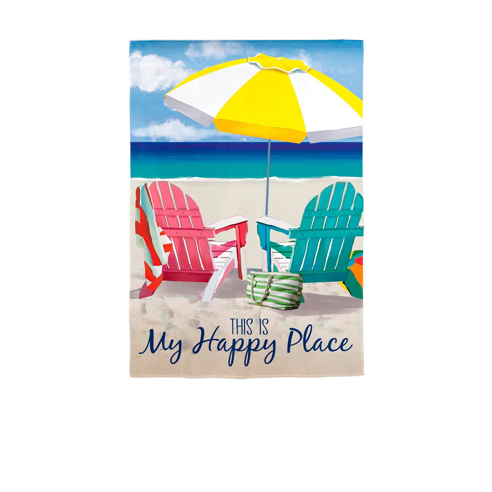 Colorful Chairs Applique Flag featuring two pink and teal chairs under a yellow umbrella on Tampa Home & Garden Store