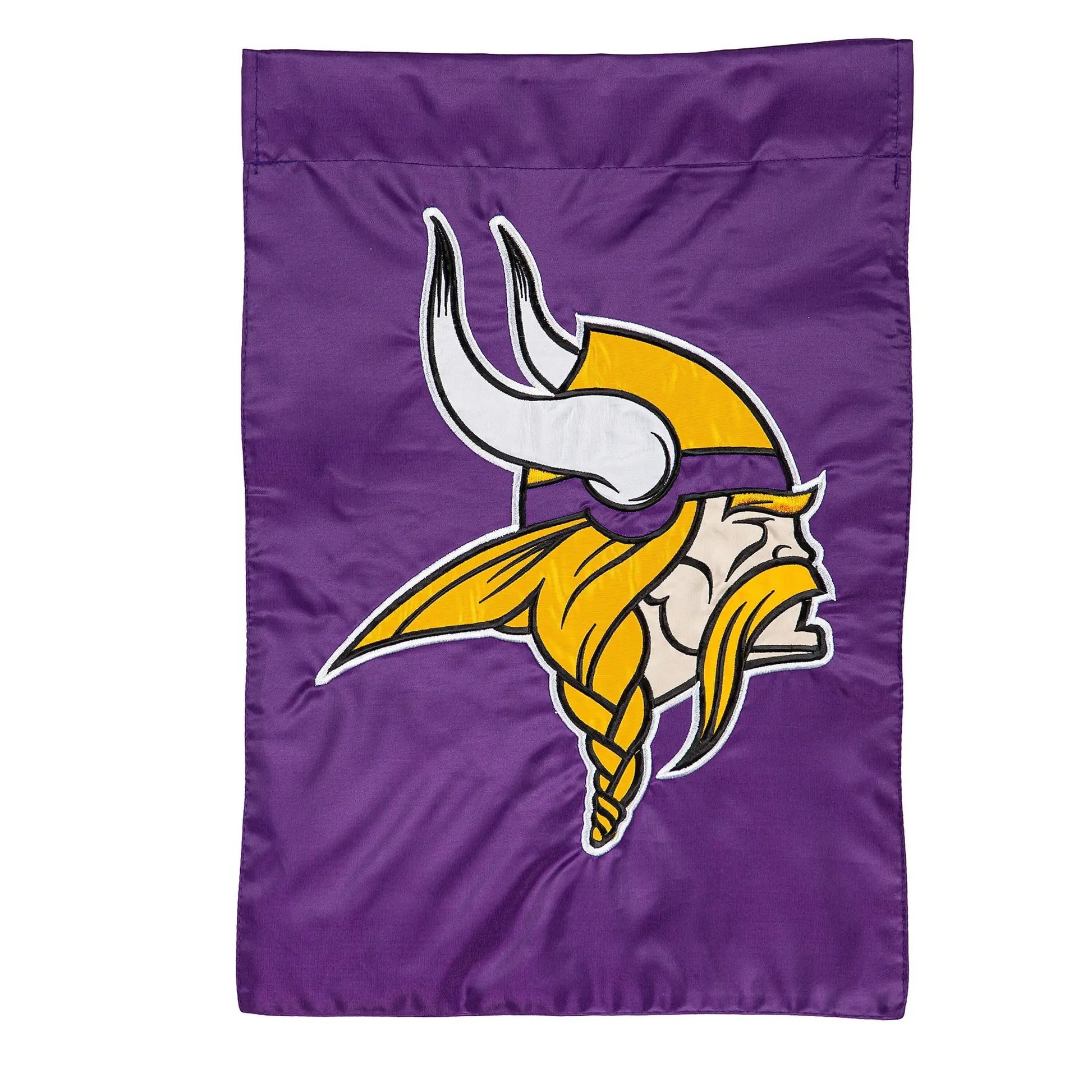Minnesota Vikings Applique Garden Flag with purple background and gold horn emblem on Tampa Home & Garden Store