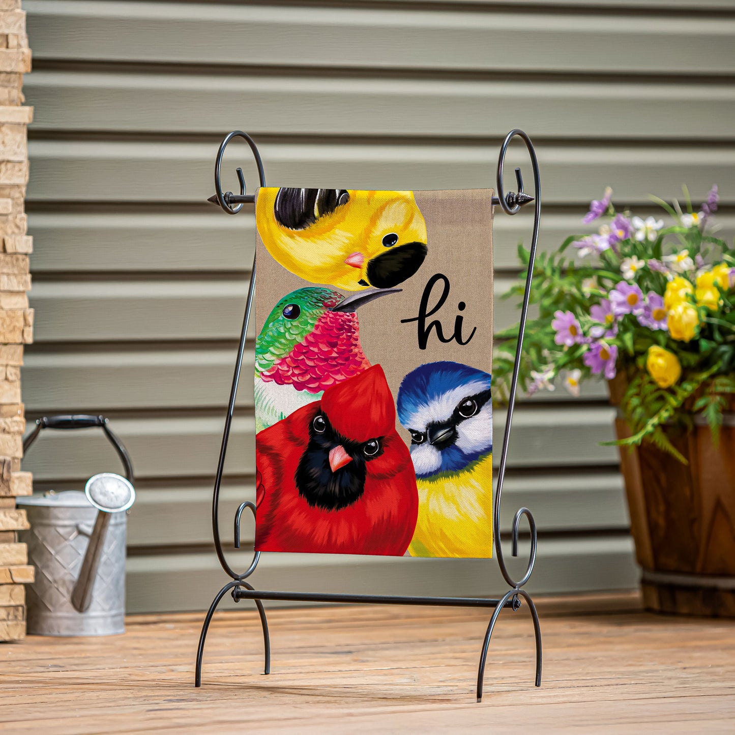 Cottage Garden Portly Birds Peeping Burlap Garden Flag with colorful birds on Tampa Home & Garden Store
