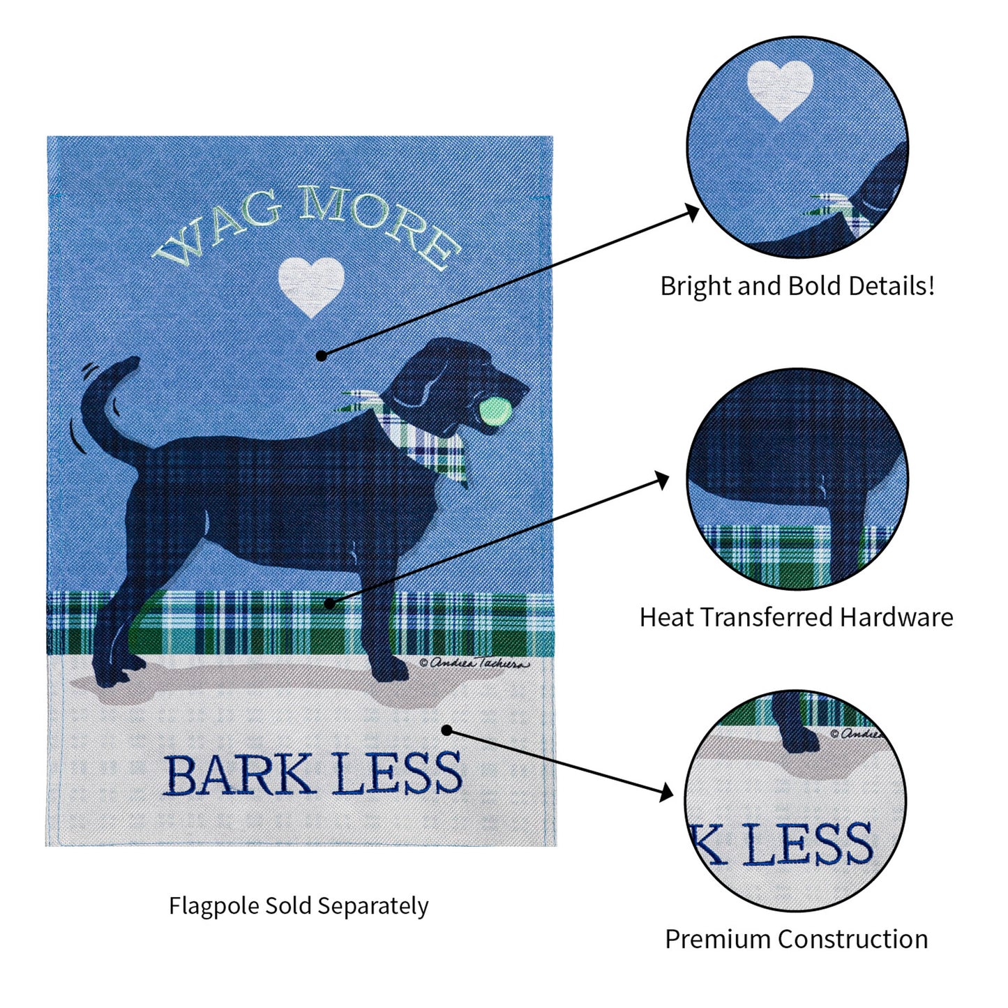 Wag More Bark Less burlap flag blue with white heart and plaid accents by Evergreen Enterprises on Tampa Home & Garden Store
