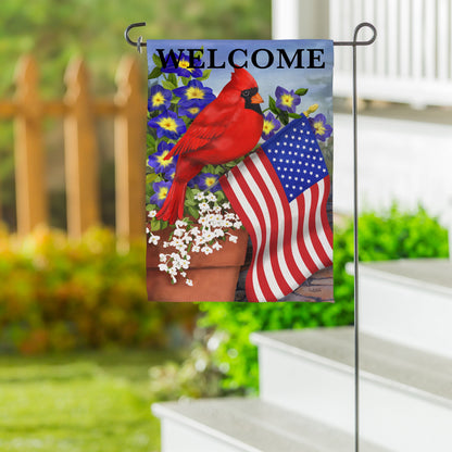 Cardinal Glory Suede Garden Flag red cardinal among purple flowers with American flag on Tampa Home & Garden Store