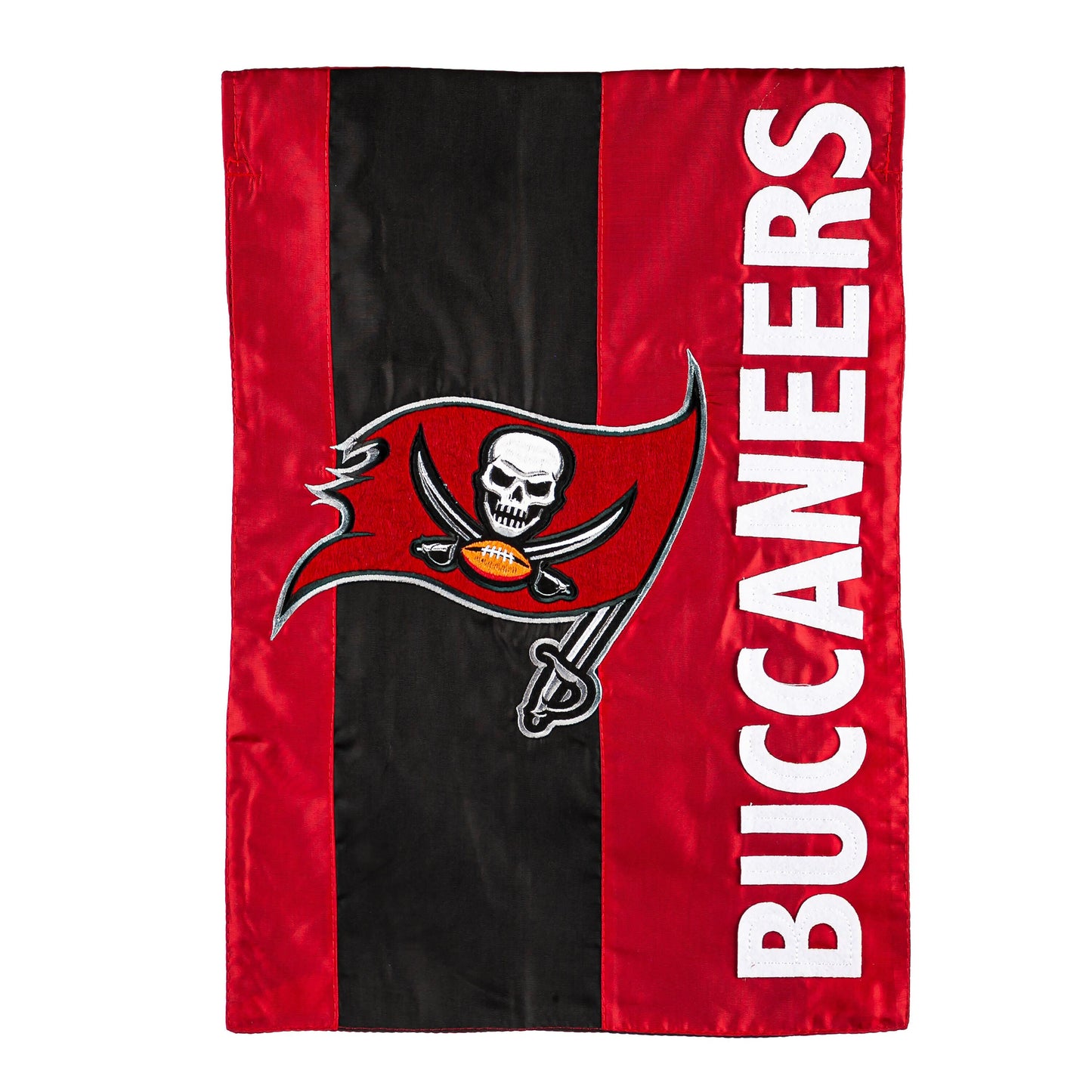 Buccaneers garden flag, red and black applique with skull emblem, Evergreen Enterprises on Tampa Home & Garden Store