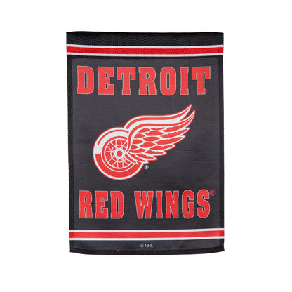 Detroit Red Wings embossed suede garden flag with red wordmark and winged wheel on dark background on Tampa Home & Garden Store