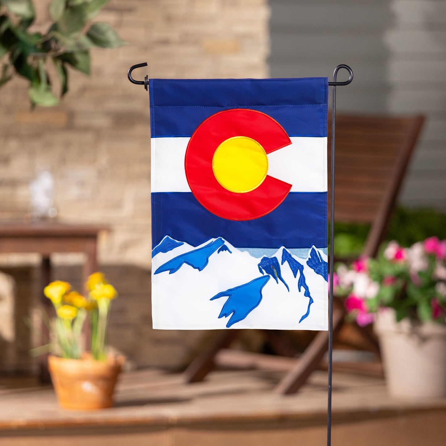 Colorado State Garden Applique Flag with blue bands, red C and yellow disk, mountain motif on Tampa Home & Garden Store