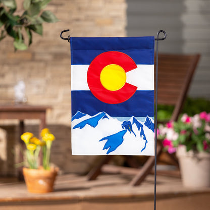 Colorado State Garden Applique Flag with blue bands, red C and yellow disk, mountain motif on Tampa Home & Garden Store