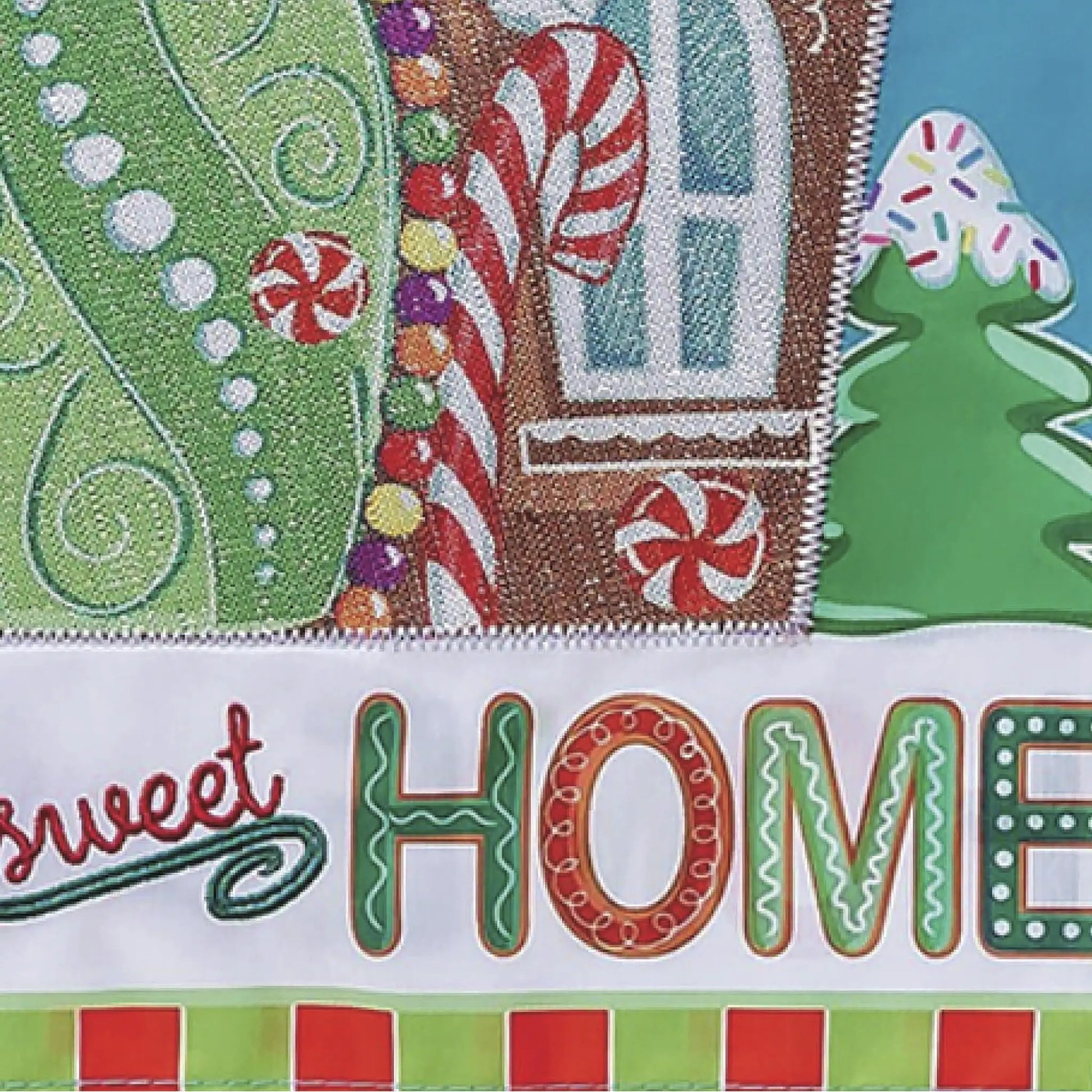 Gingerbread Home Sweet Home applique garden flag in green with candy cane border and peppermint accents on Tampa Home & Garden Store