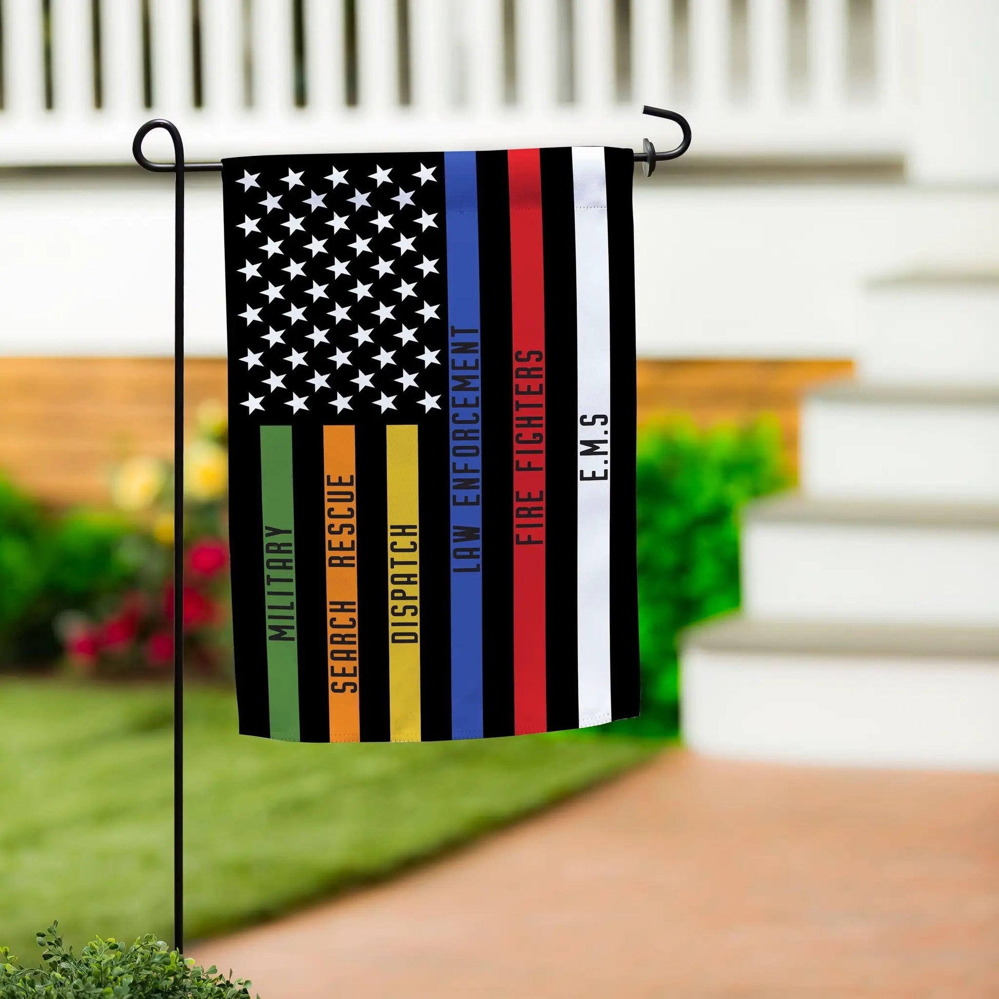 Responders Thin Line Garden Suede Flag with black starry field and color stripes by Evergreen Enterprises on Tampa Home & Garden Store
