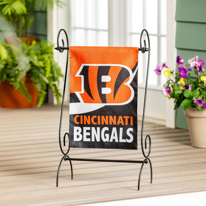Cincinnati Bengals burlap flag GDN size on black metal stand orange black yard decor on Tampa Home & Garden Store
